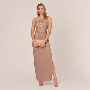 Adrianna Papell One Shoulder Dress in Blush and Gold